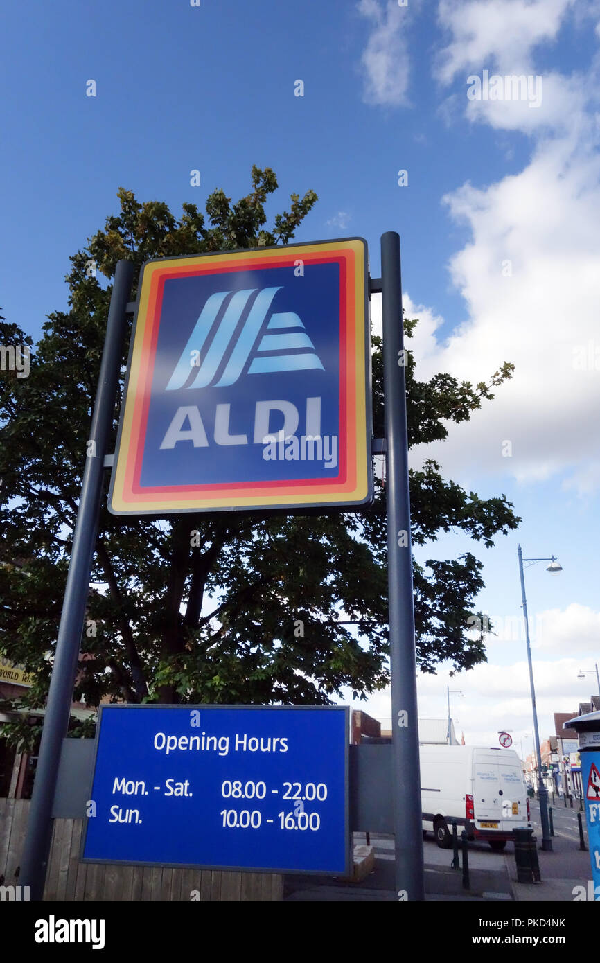 Aldi Supermarket large illuminated Aldi logo sign in Dinnington, Rotherham,  South Yorkshire. UK Stock Photo - Alamy