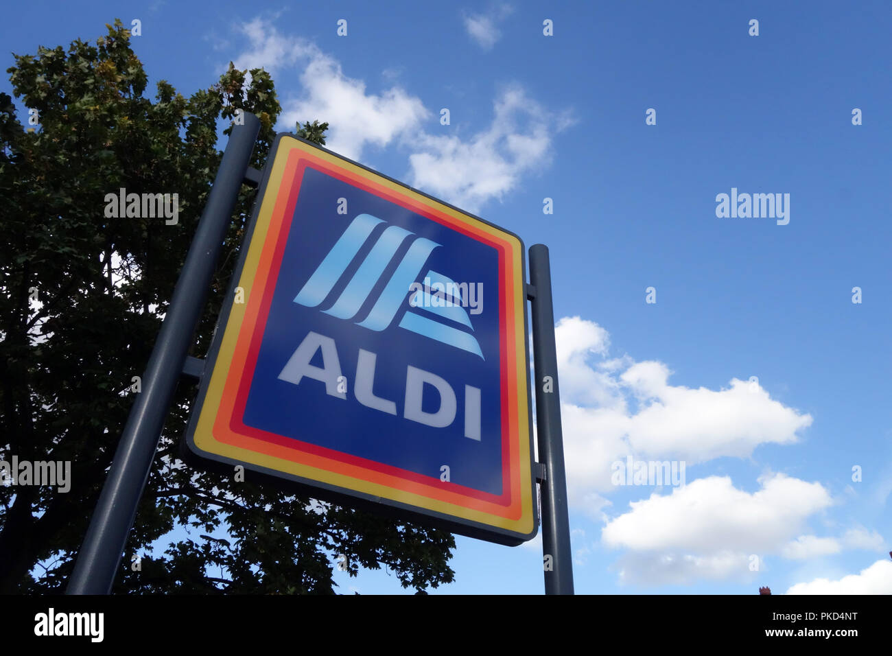 Aldi Supermarket large illuminated Aldi logo sign in Dinnington
