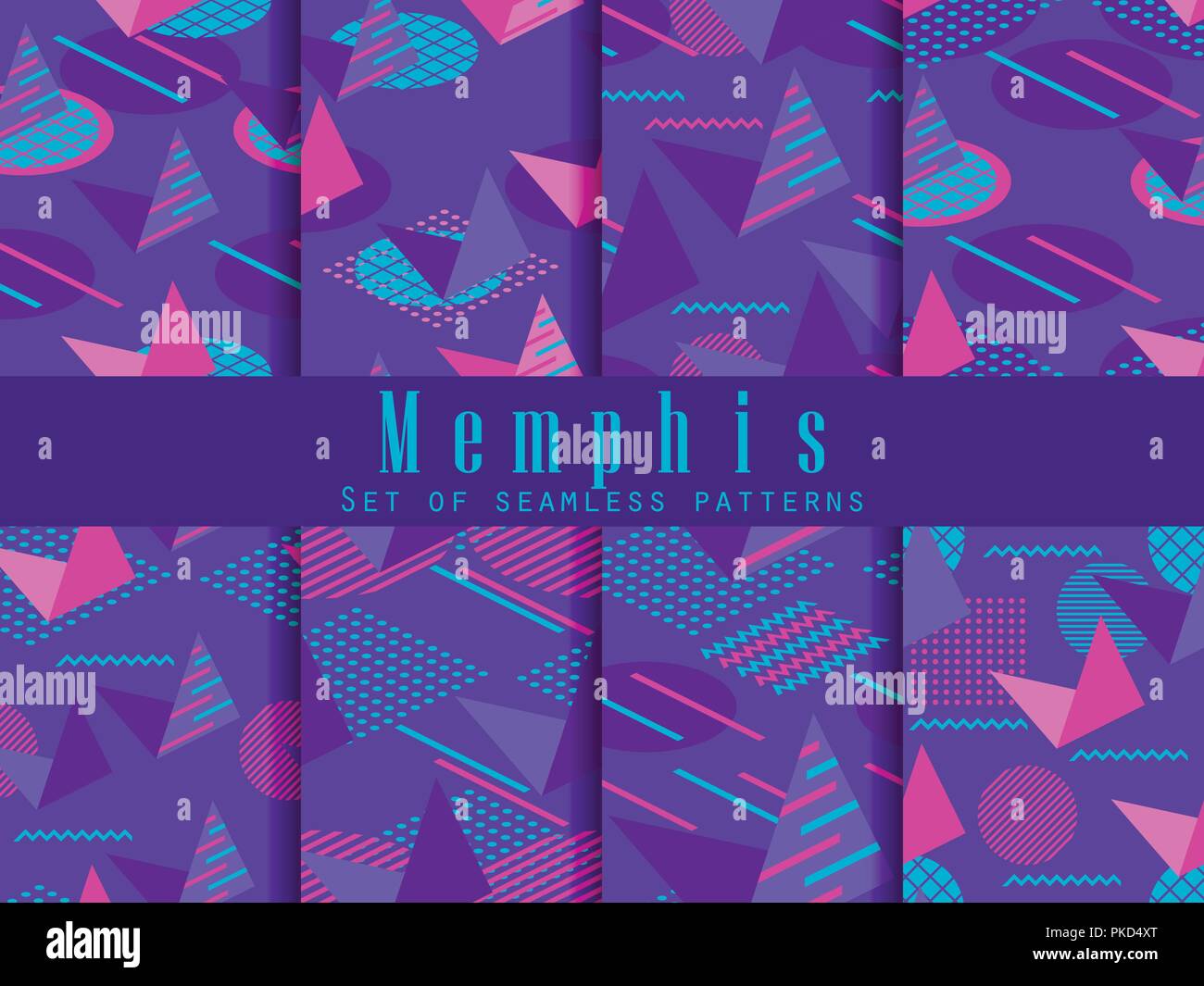 Memphis seamless pattern set. Geometric elements memphis in style of 80s. Isometric figures. Great for brochures, promotional material and wallpaper.  Stock Vector
