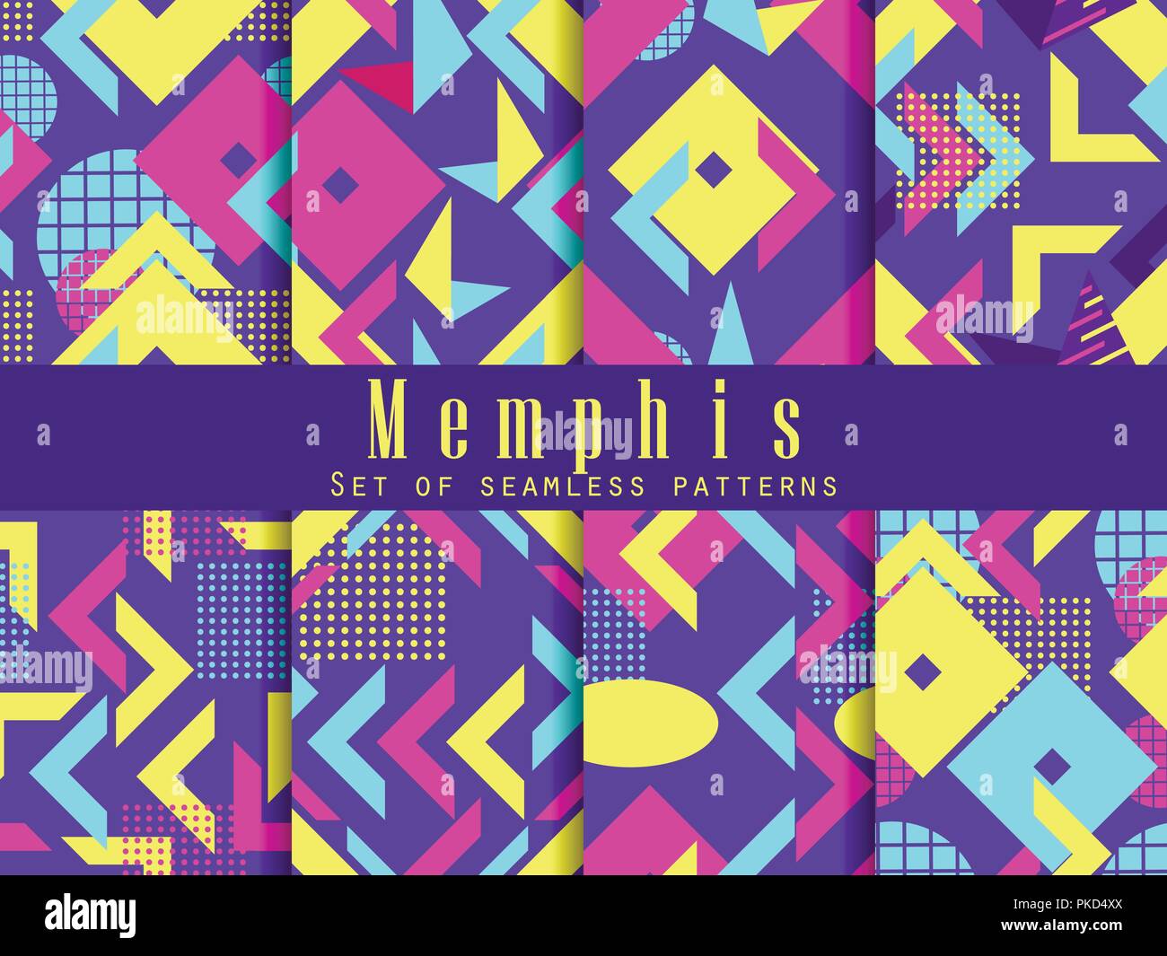 Memphis seamless pattern set. Geometric elements memphis in style of 80s. Isometric figures. Great for brochures, promotional material and wallpaper.  Stock Vector