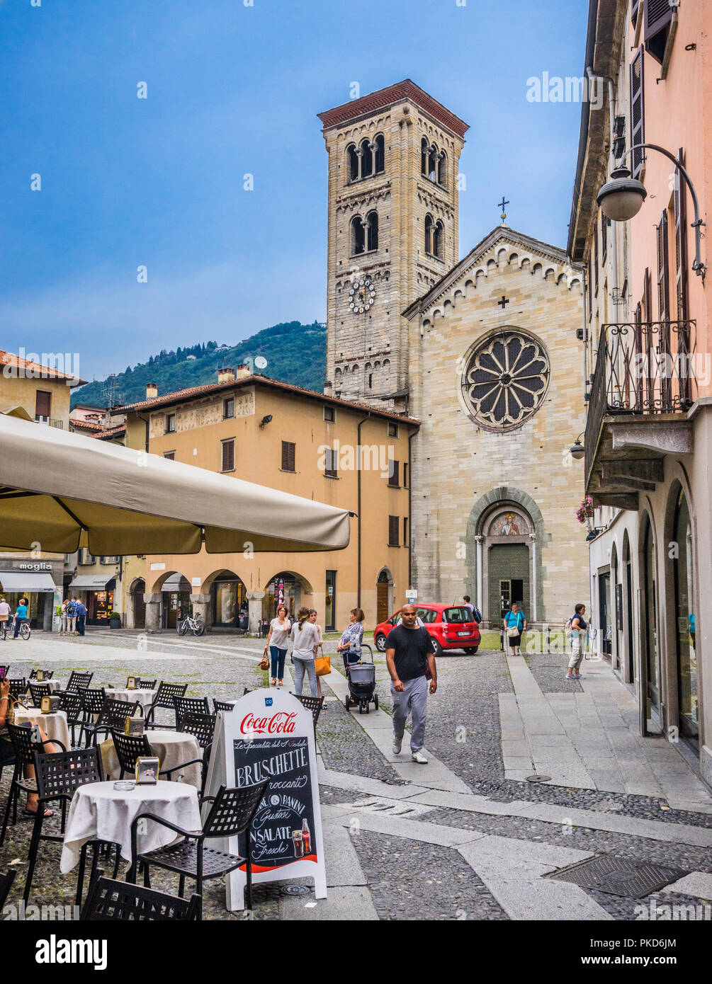 view of the Romanesque Basilica of San Fedele with its prominent Rose Window, seen from Piazza San Fedele in Como, Lomardy, Italy Stock Photo