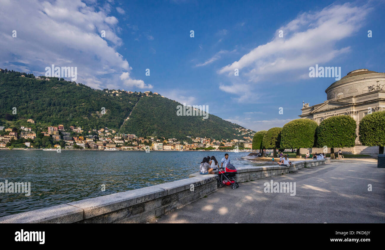 Lake Come lakefront promenade at Tempio Voltiano, Como, Lombardy, Italy Stock Photo