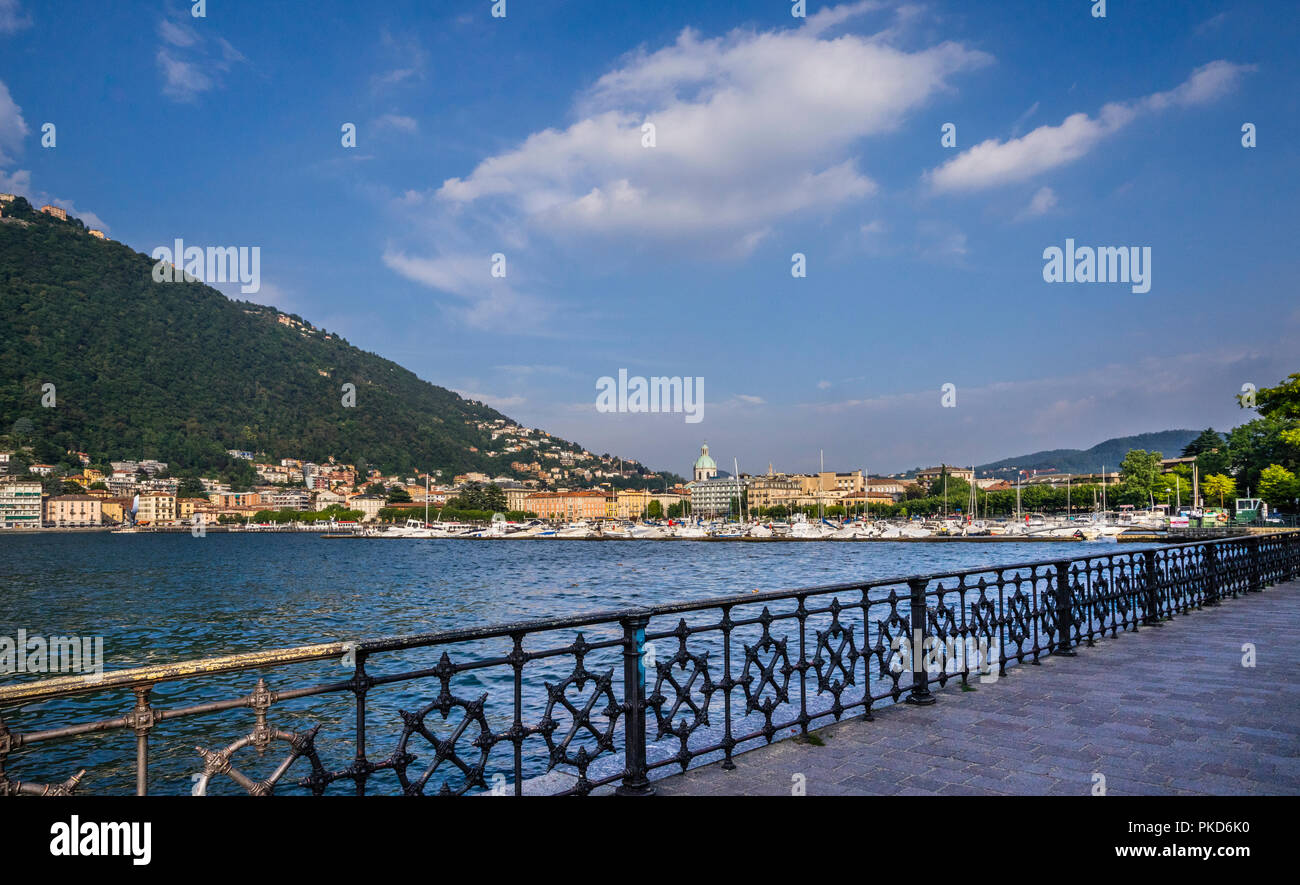 Lake Come lakefront promenade with view of the city of Como, Lombardy, Italy Stock Photo