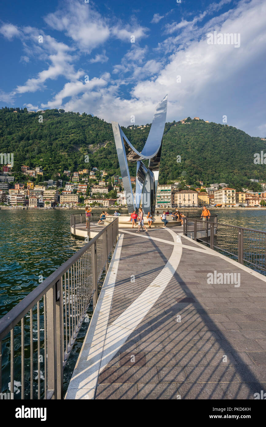stainless steel sculpture 'Life Electric' by Daniel Libeskind to celebrate scientist Alessandro Volta at the verge end of Diga Foreanea pier, Lake Com Stock Photo