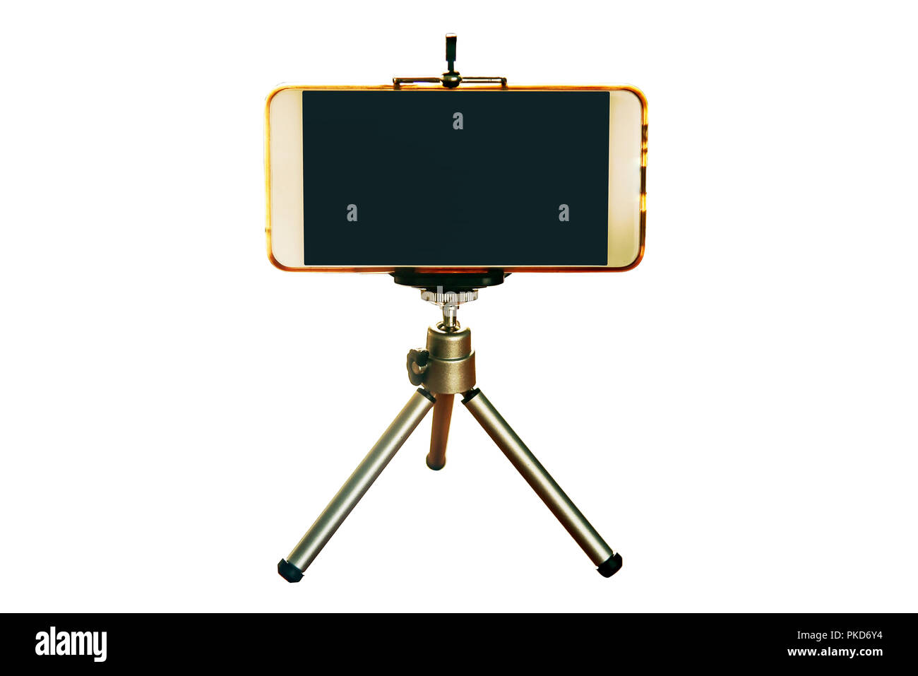 Smartphone on a tripod on white background with clipping path Stock Photo