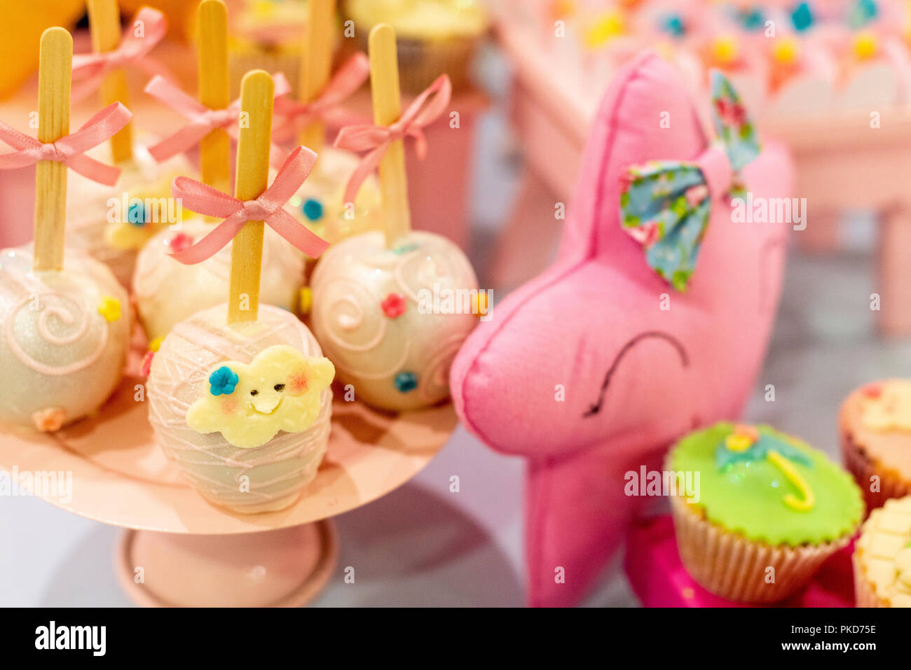 Table decorated for children's birthday. Stock Photo