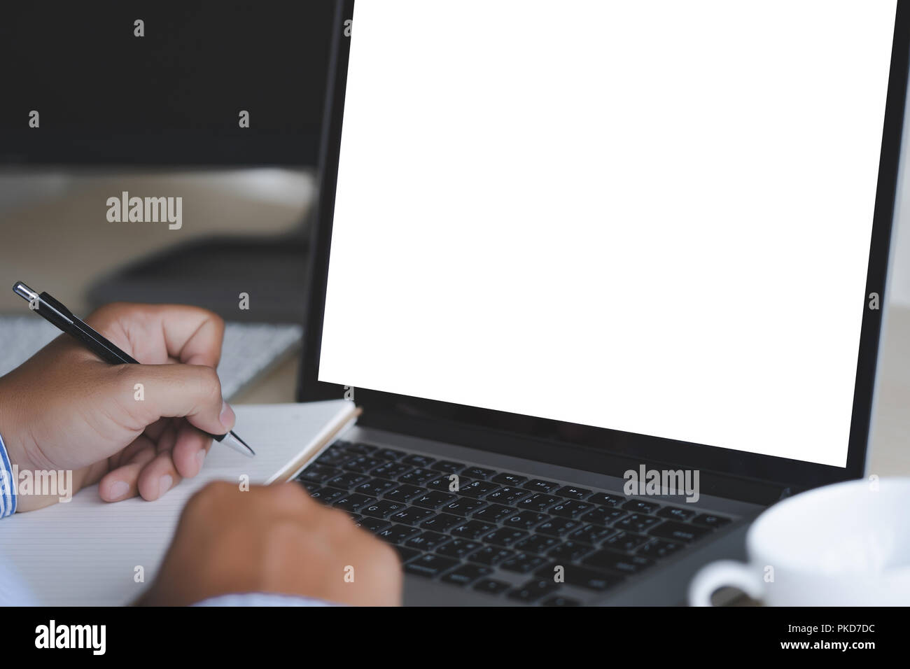 mock up Using laptop with blank screen computer modern Stock Photo