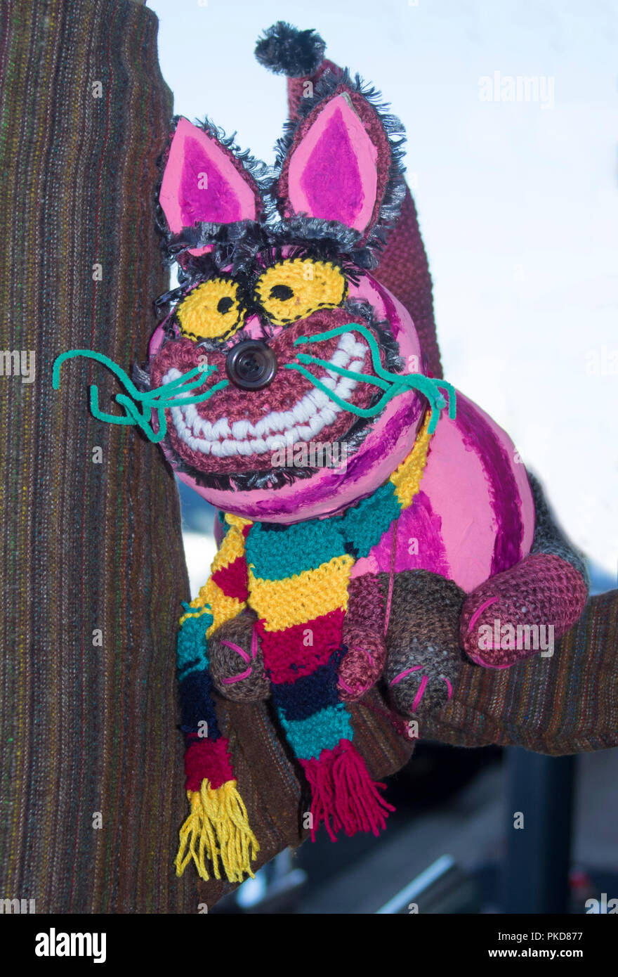 Large knitted craft work, bright and colourful smiling Cheshire cat, on display at Warwick Qld Stock Photo