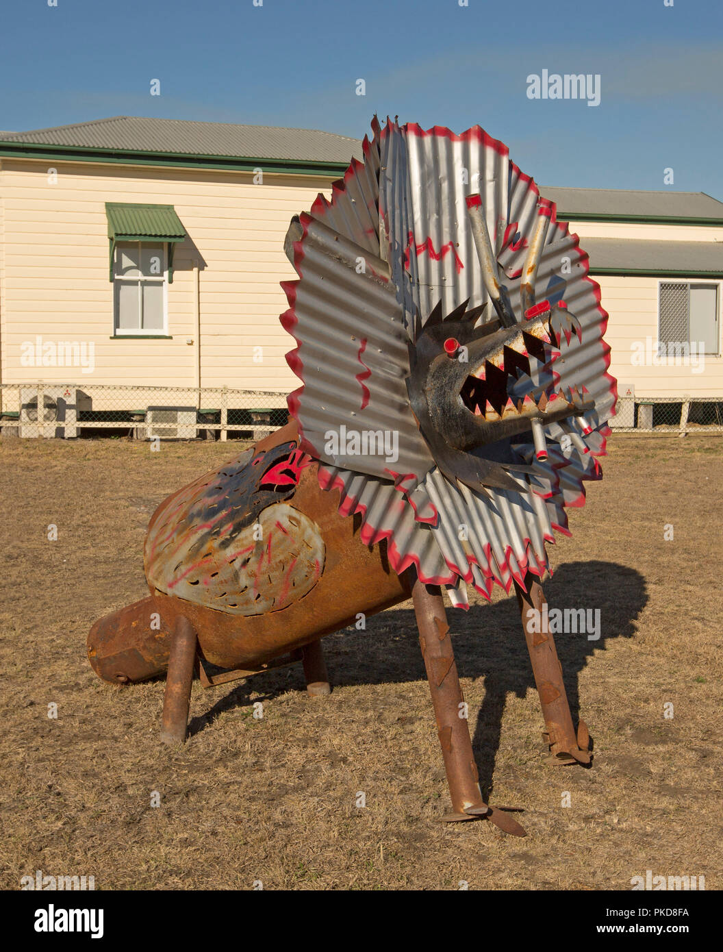 Unusual and eye-catching street art, large sculpture of Australian frill-necked lizard made from corrugated iron in rural town Stock Photo