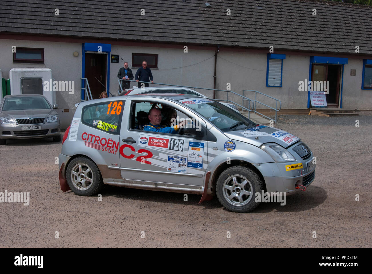 The Silver Citroen C2 of Drew Barker Argyll Rally Dunoon 2018 right offside driver side view of silver rally prepared two door supermini saloon car ci Stock Photo