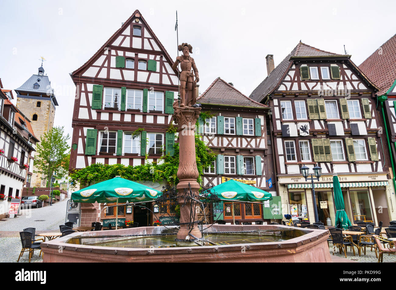 View of fountain and half-timbered houses around a marketplace in old town. Bretten, Germany Stock Photo