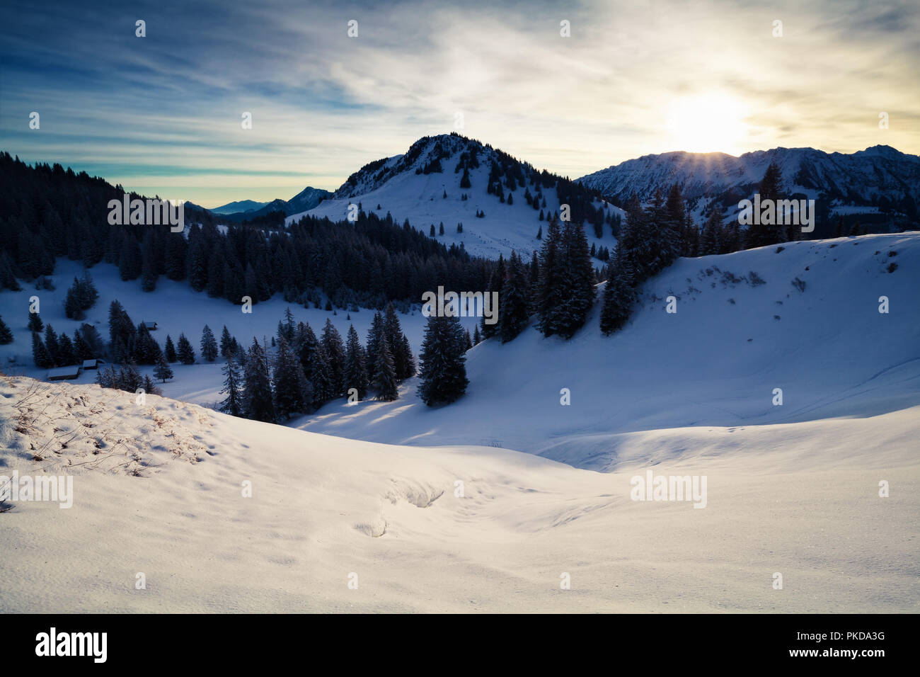 morning sunlight over snowy mountains, Alps Stock Photo - Alamy