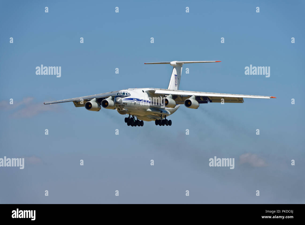 Ukrainian Air Force Ilyushin Il-76 Four Engine Air Freighter Aircraft on final approach to land at RAF Fairford to participate in the RIAT Air Show Stock Photo