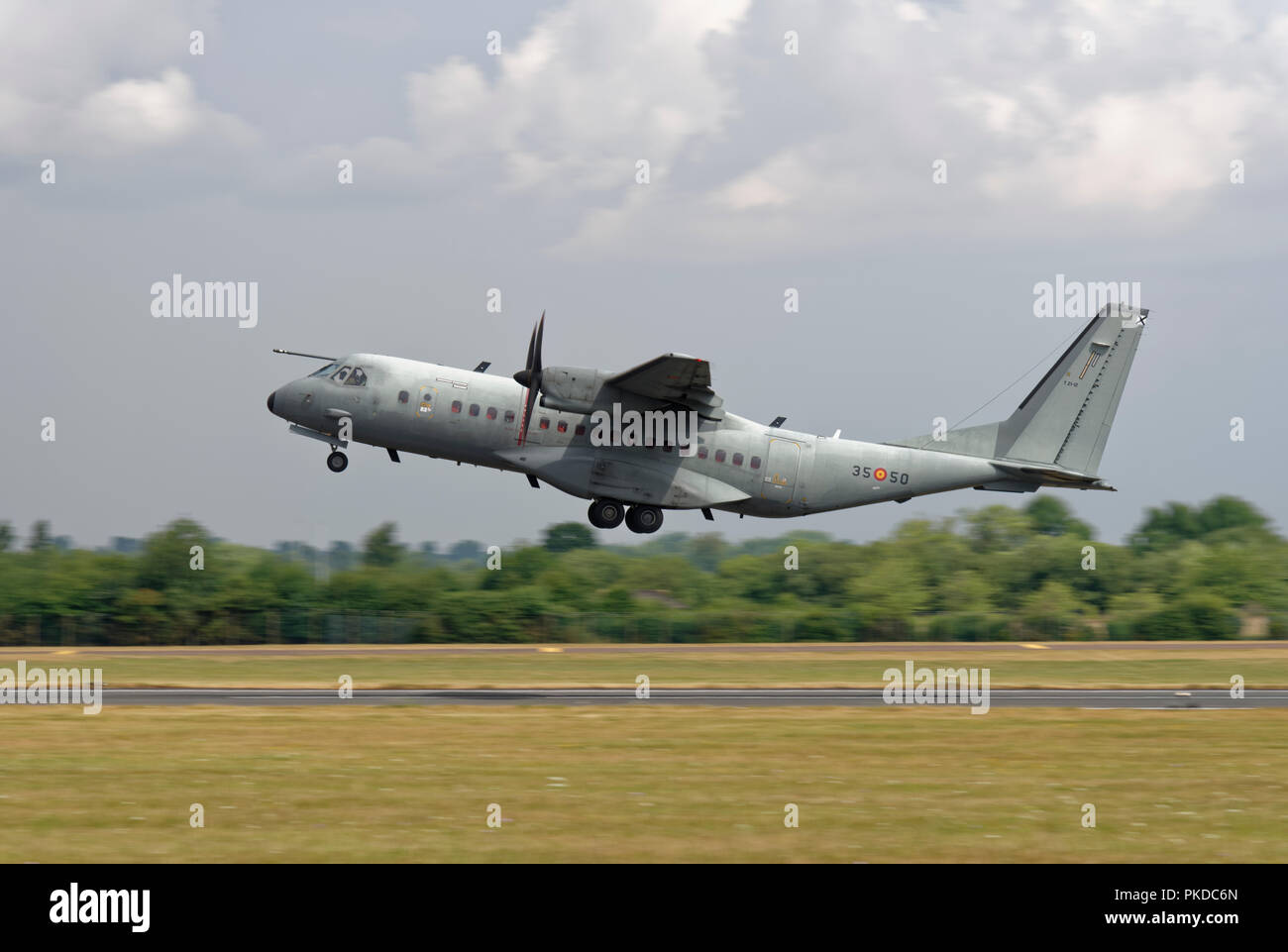 An EADS CASA C-295 Military Transport Aircraft from the Spanish Air Force takes off from RAF Fairford Airbase in the Cotswolds after the RIAT Stock Photo