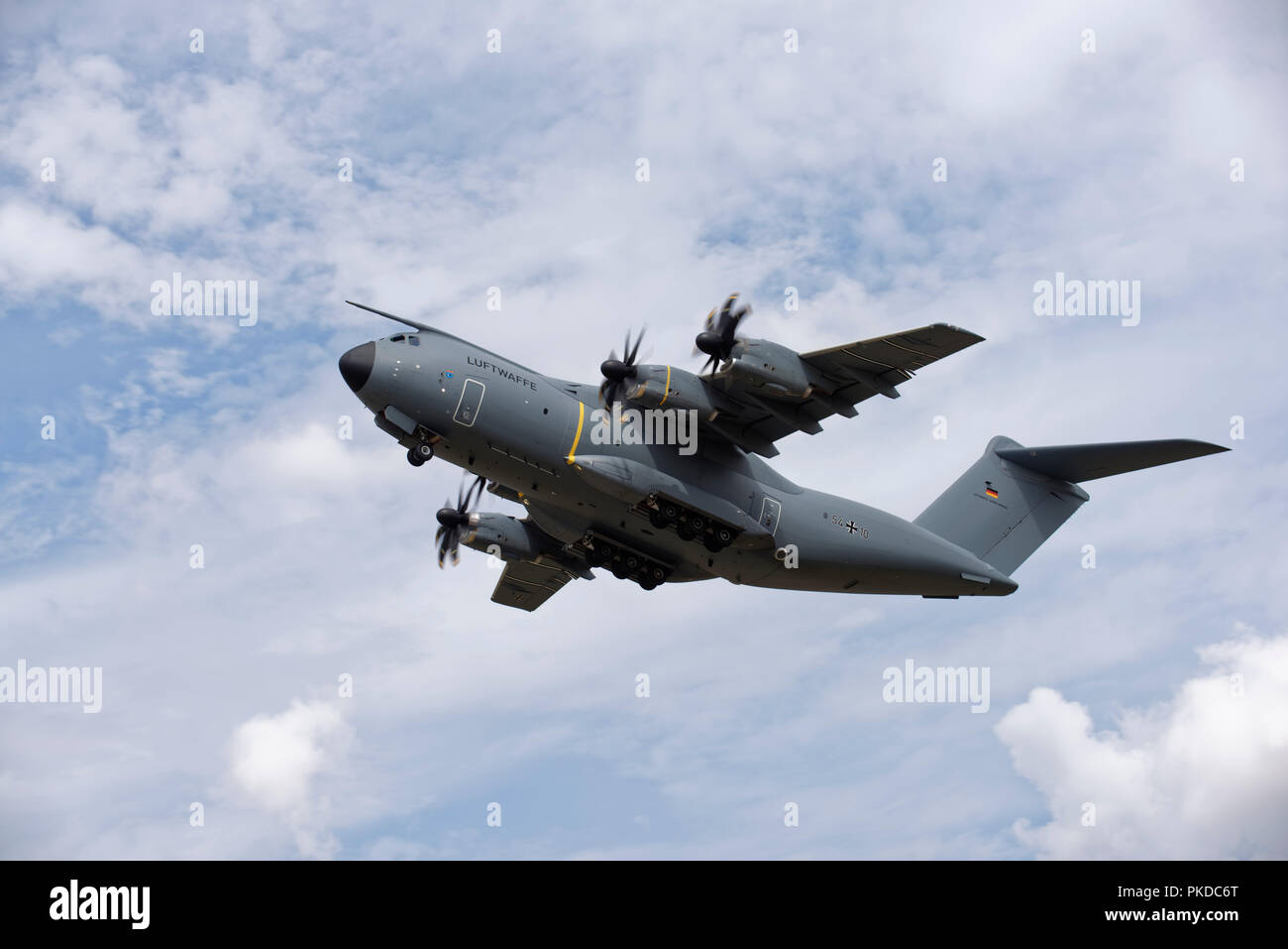 An Airbus A400M Atlas military cargo aircraft from the German Air Force departs RAF Fairford after attending the Royal International Air Tattoo Stock Photo