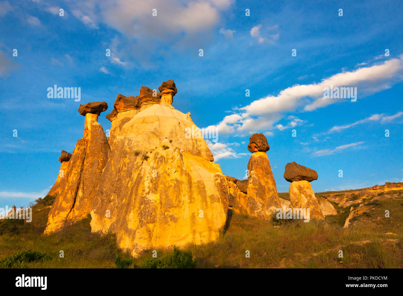 Fairy chimney rock formation in Goreme at sunset, Cappadocia (UNESCO World Heritage site), Turkey Stock Photo