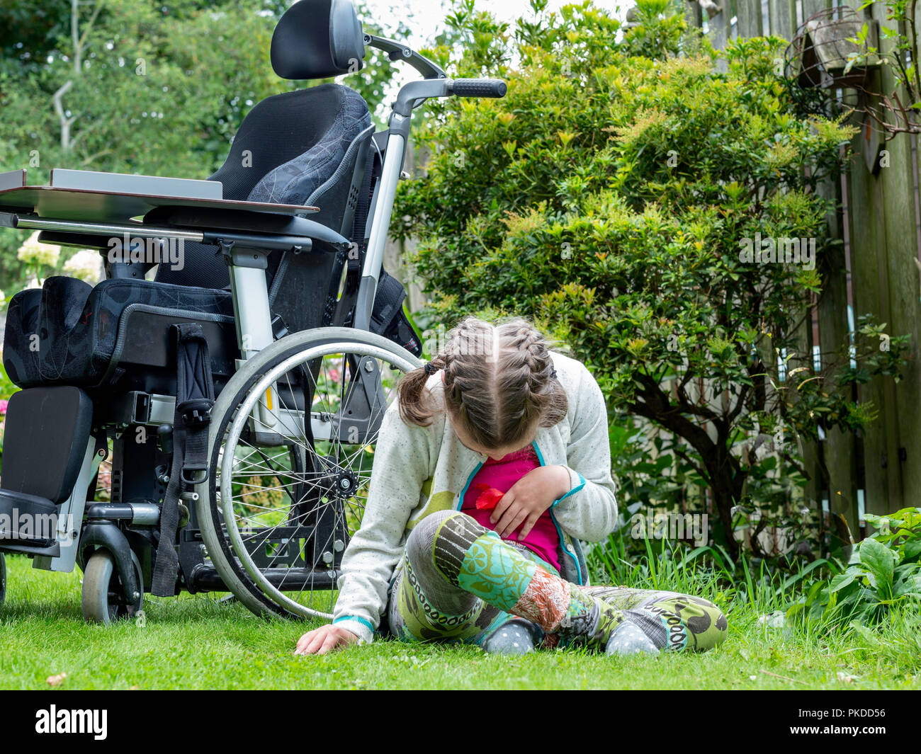 A disabled child having a break from sitting in her wheelchair to explore her natural surroundings Stock Photo