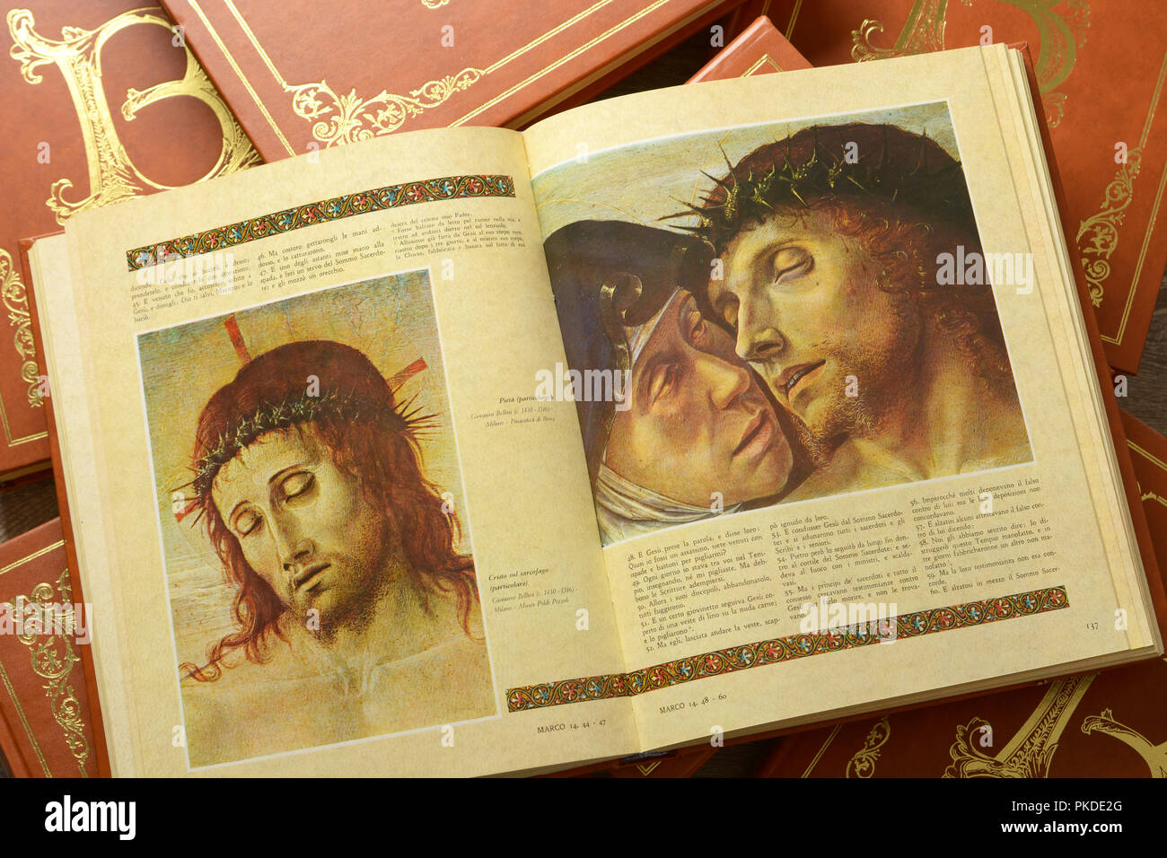 the bible - new testament - old testament - bound in leather with illustrations - closeup - for editorial use only Stock Photo