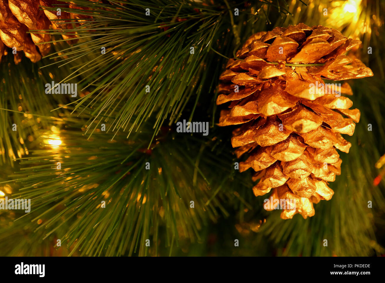 Shiny gold colored dry pine cone ornament hanging on sparkling Christmas tree Stock Photo