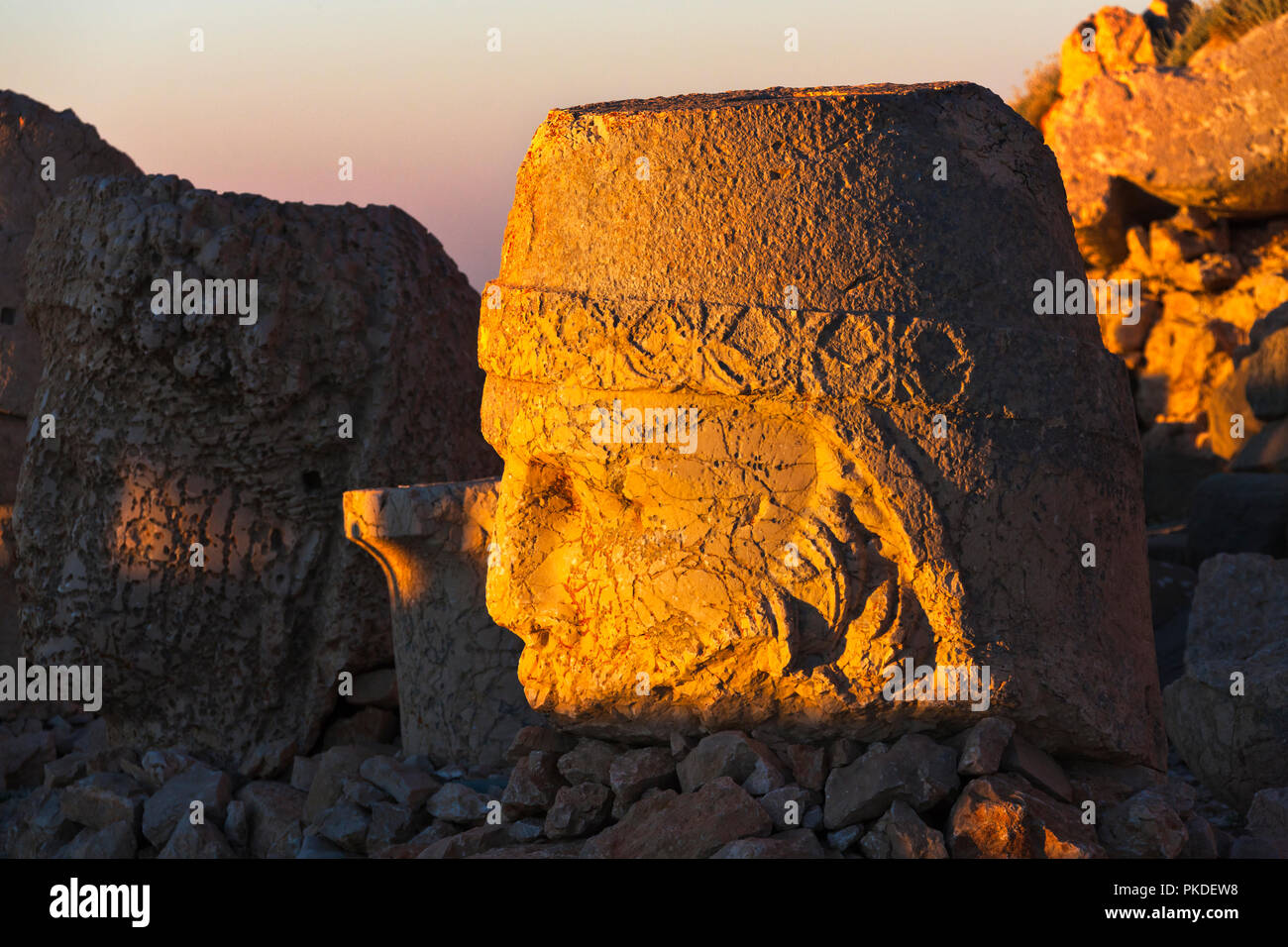 Statue of head at sunrise on the eastside of the mountain, Mt. Nemrut