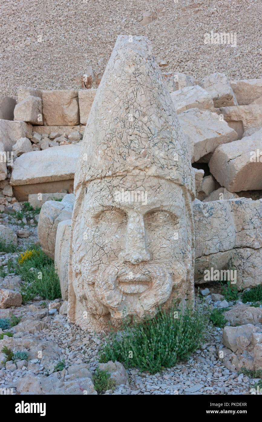 Statue of head at sunrise on the west side of the mountain, Mt. Nemrut
