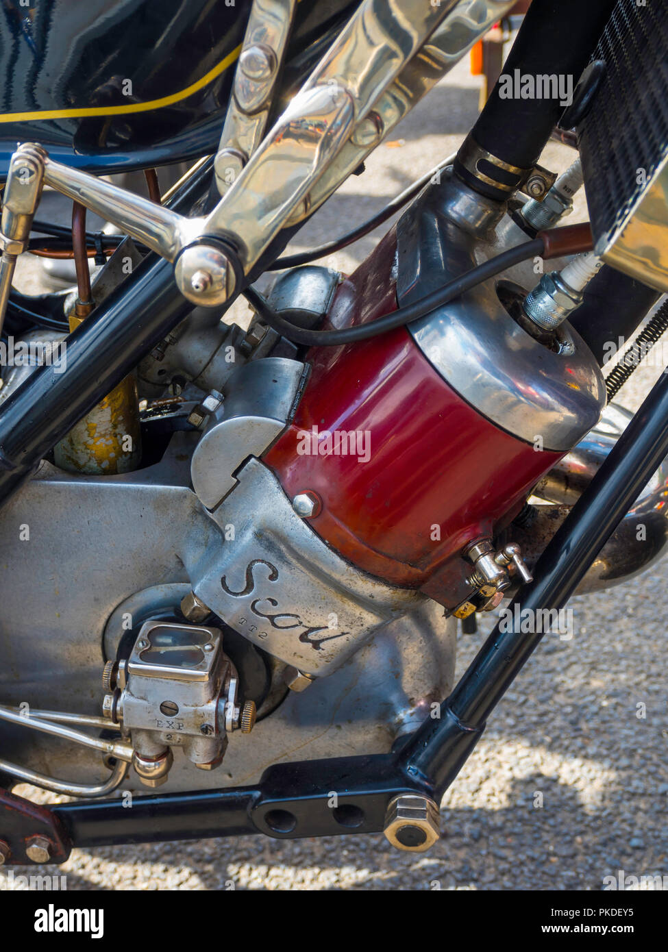 Close up of the engine of a 1928 Scott Works TT racer showing water