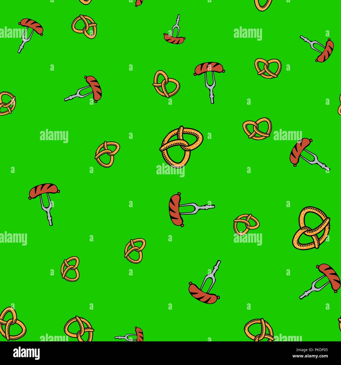 Pretzel and sausage pattern seamless. Vector illustration. Lime green background. Stock Vector