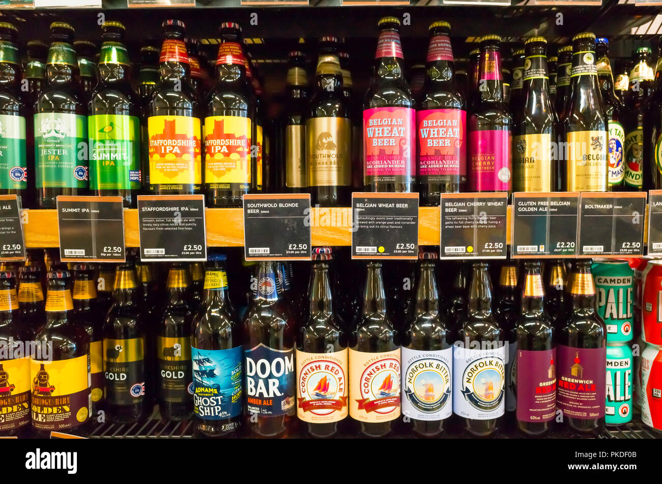 Marks & Spencer Supermarket display of craft  bottled beers from English and Belgian Breweries Stock Photo