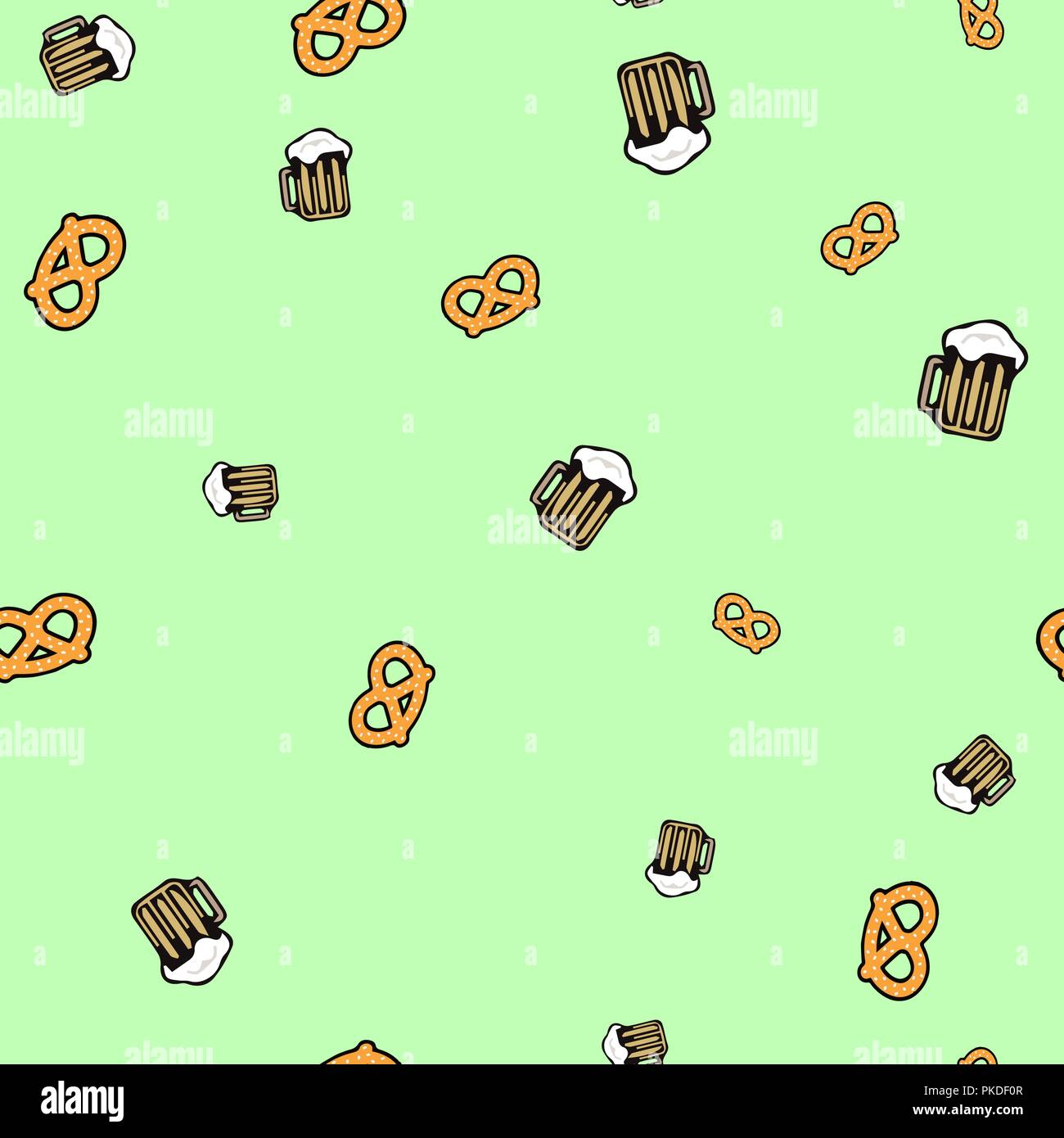 Beer and bretzel pattern seamless. Vector illustration. Light green background. Stock Vector