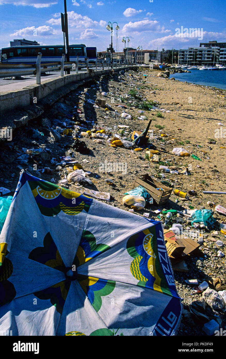 Rubbish on Beach, Plastic pollution, Sircussus, Sicily, Italy, Europe