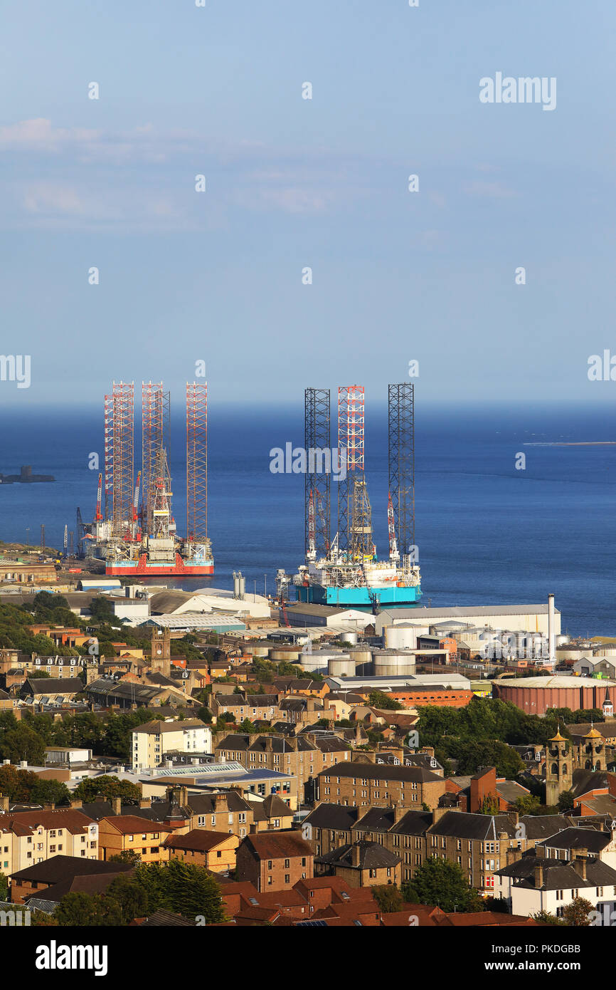 Oil rigs from the North Sea berthed on the Tay Estuary in Dundee, in