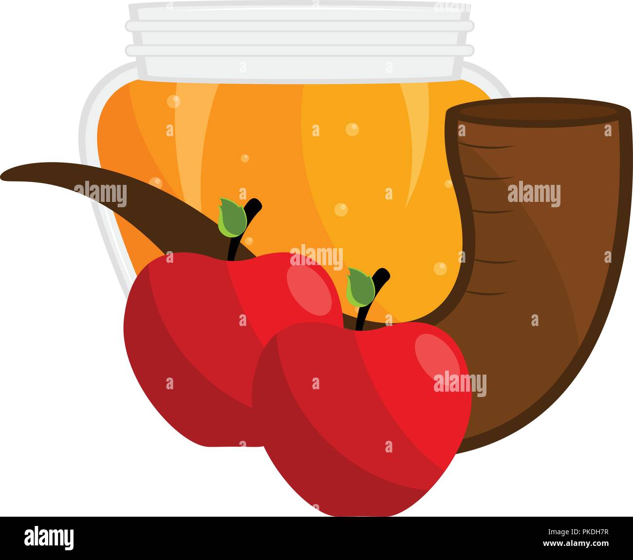 Honey jar with apples and a shofar. Rosh hashanah. Vector illustration