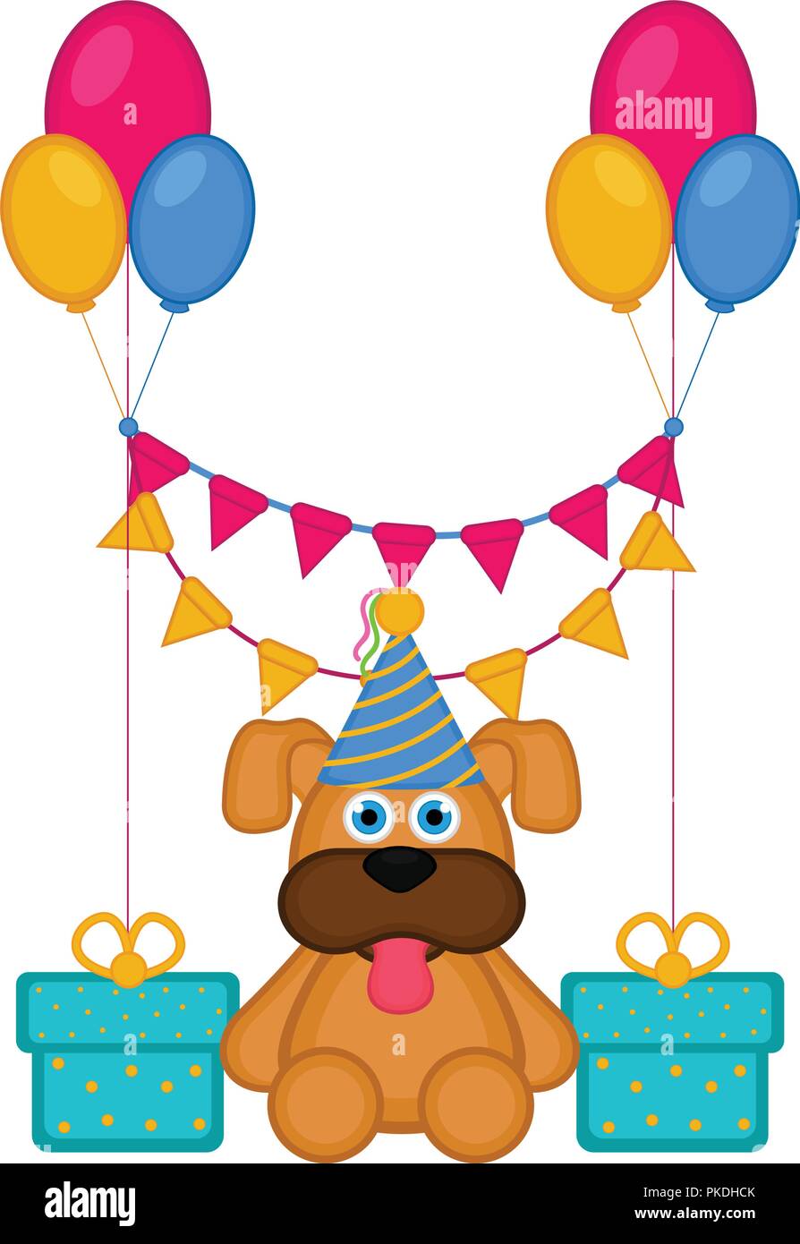 Cute dog with a party hat and presents. Happy birthday. Vector ...