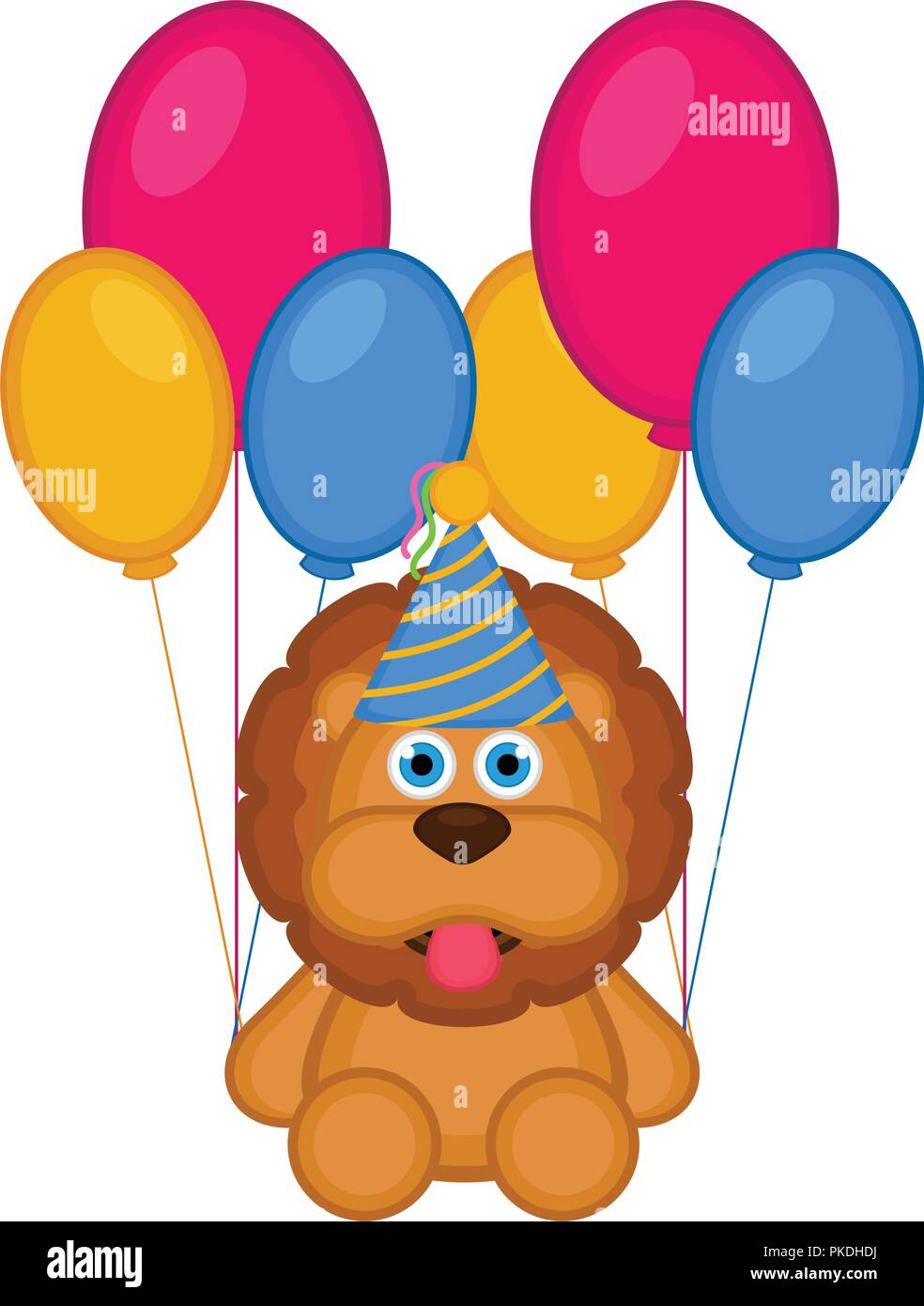 Cute lion with a party hat and balloons. Happy birthday. Vector ...