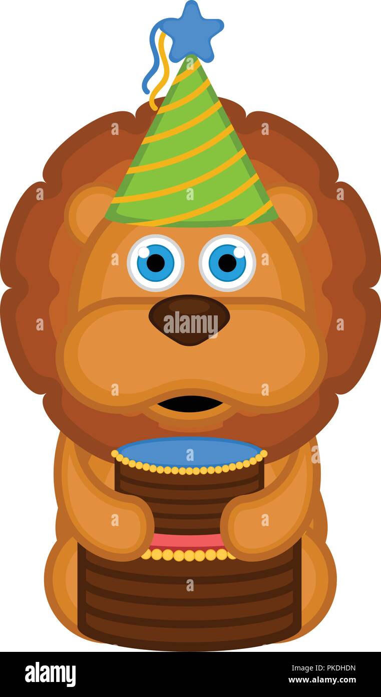 Cute lion witha party hat and a cake. Happy birthday. Vector ...