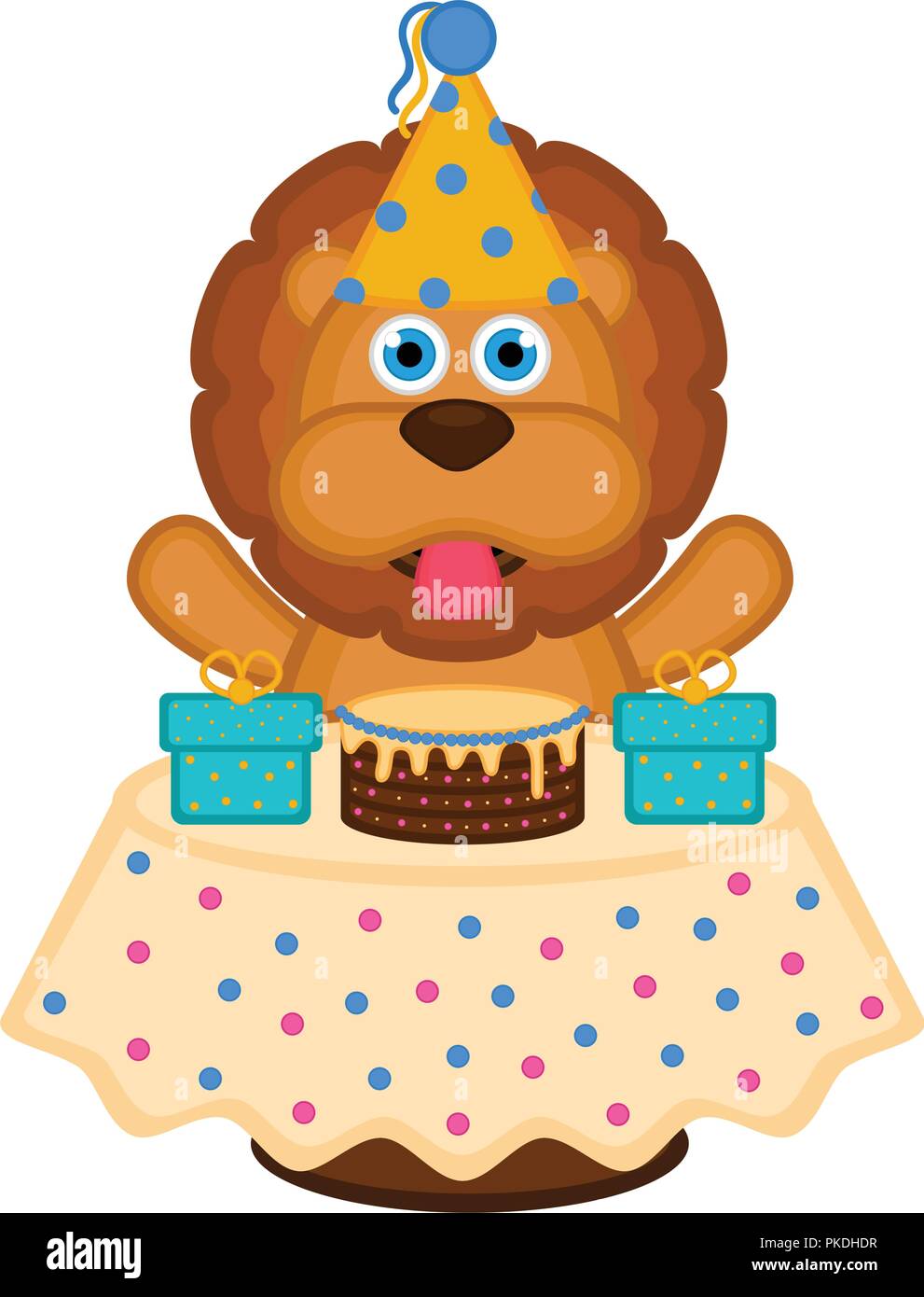 Cute lion with a party hat, a cake and presents. Happy birthday. Vector ...