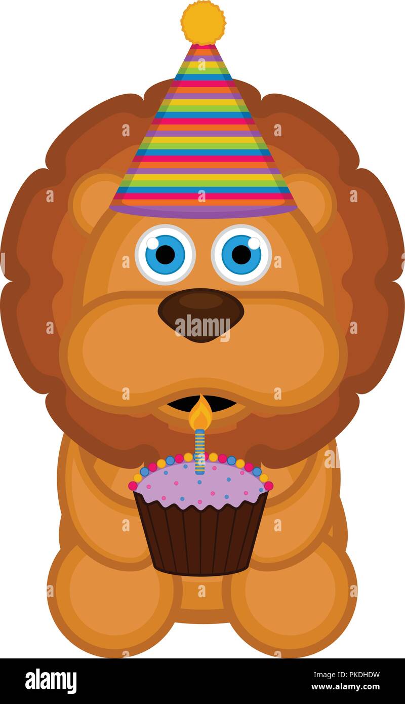 Cute lion with a party hat and a cake. Happy birthday. Vector ...