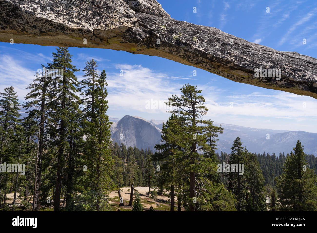 Indian Rock Natural Arch & Bridge, With Half Dome Forest View - Yosemite National Park Hikes Stock Photo