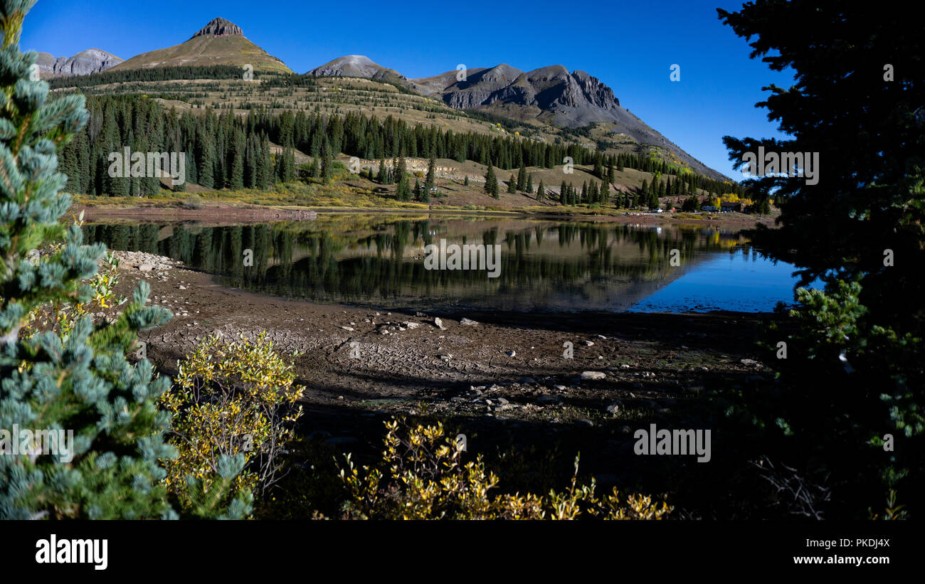 The beautiful high mountain lake of Molas, located near Silverton Colorado.  Its a fishery, stocked with an endless supply of rainbow trout. Stock Photo