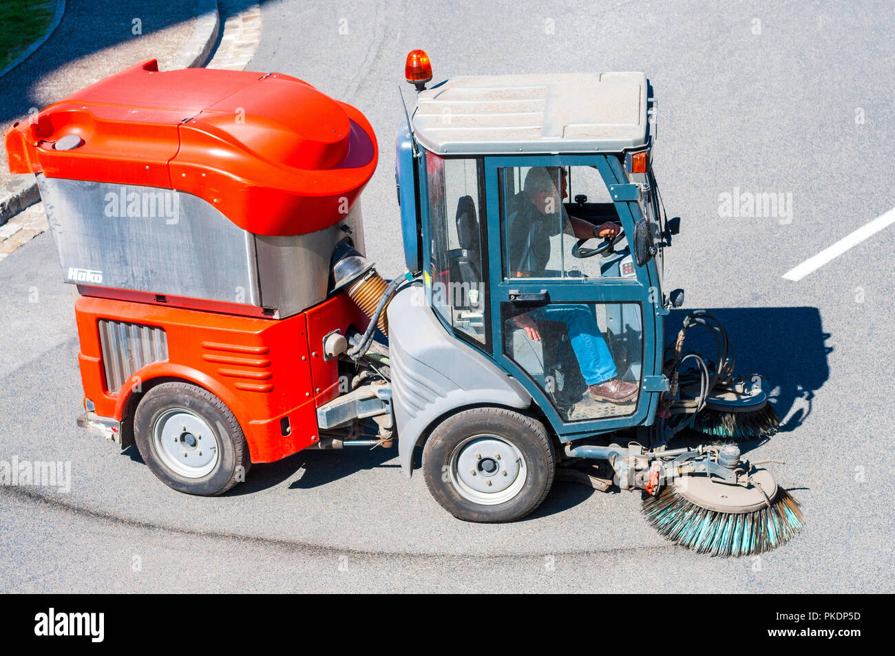 Overhead view of articulated road sweeping machine - France. Stock Photo