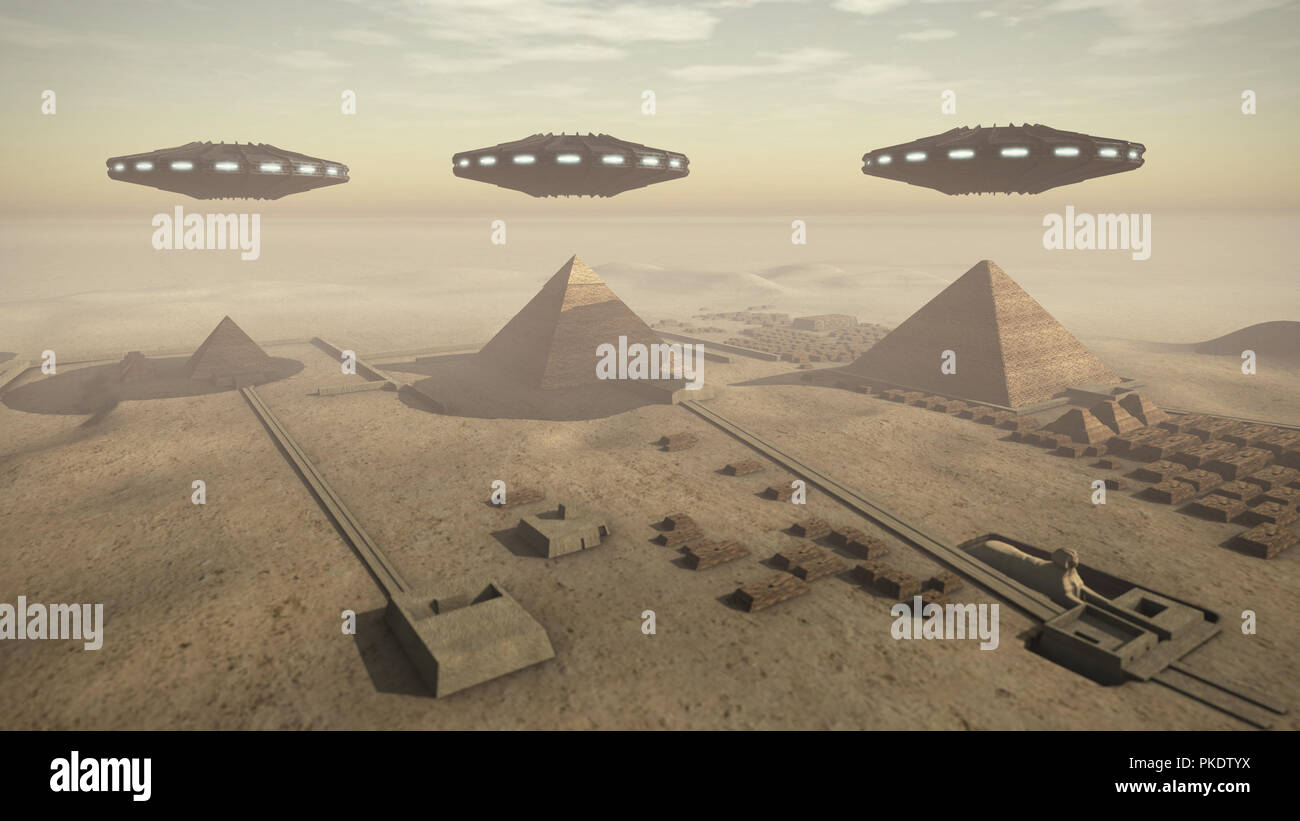 UFOs above Egypt pyramids Stock Photo