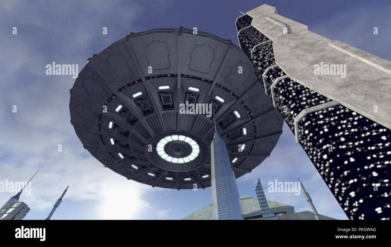UFO above a futuristic city Stock Photo