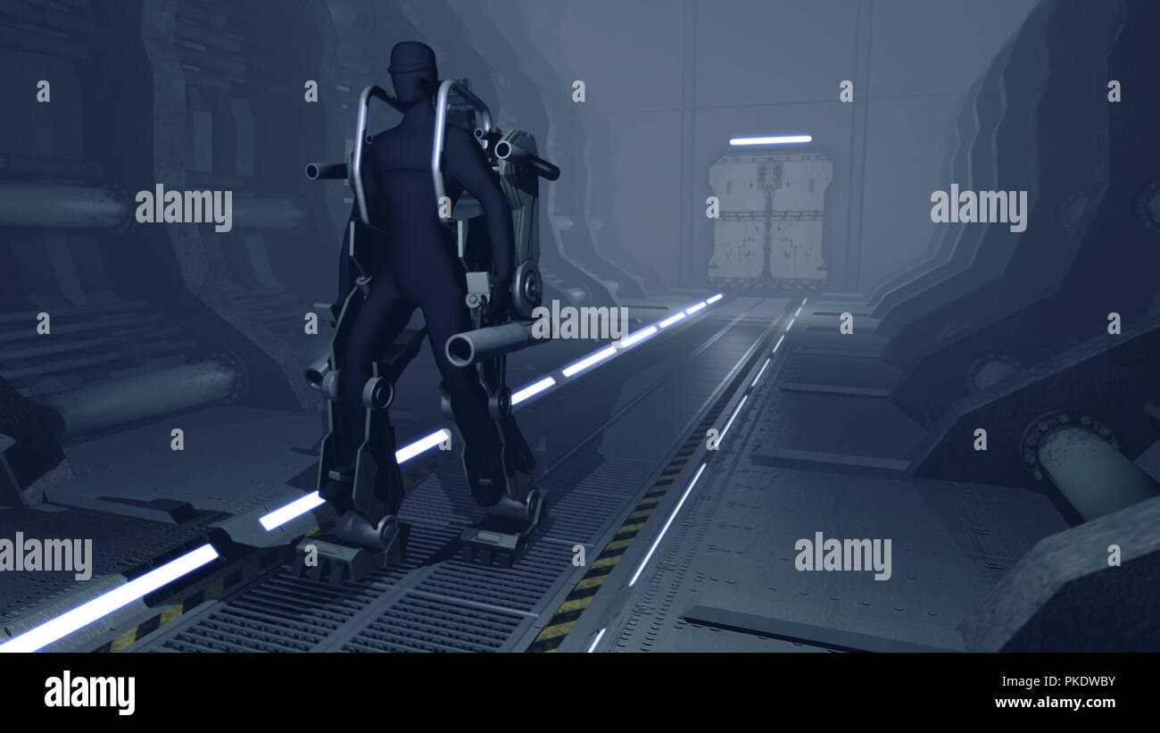 Futuristic mech walking through a sci-fi hangar Stock Photo