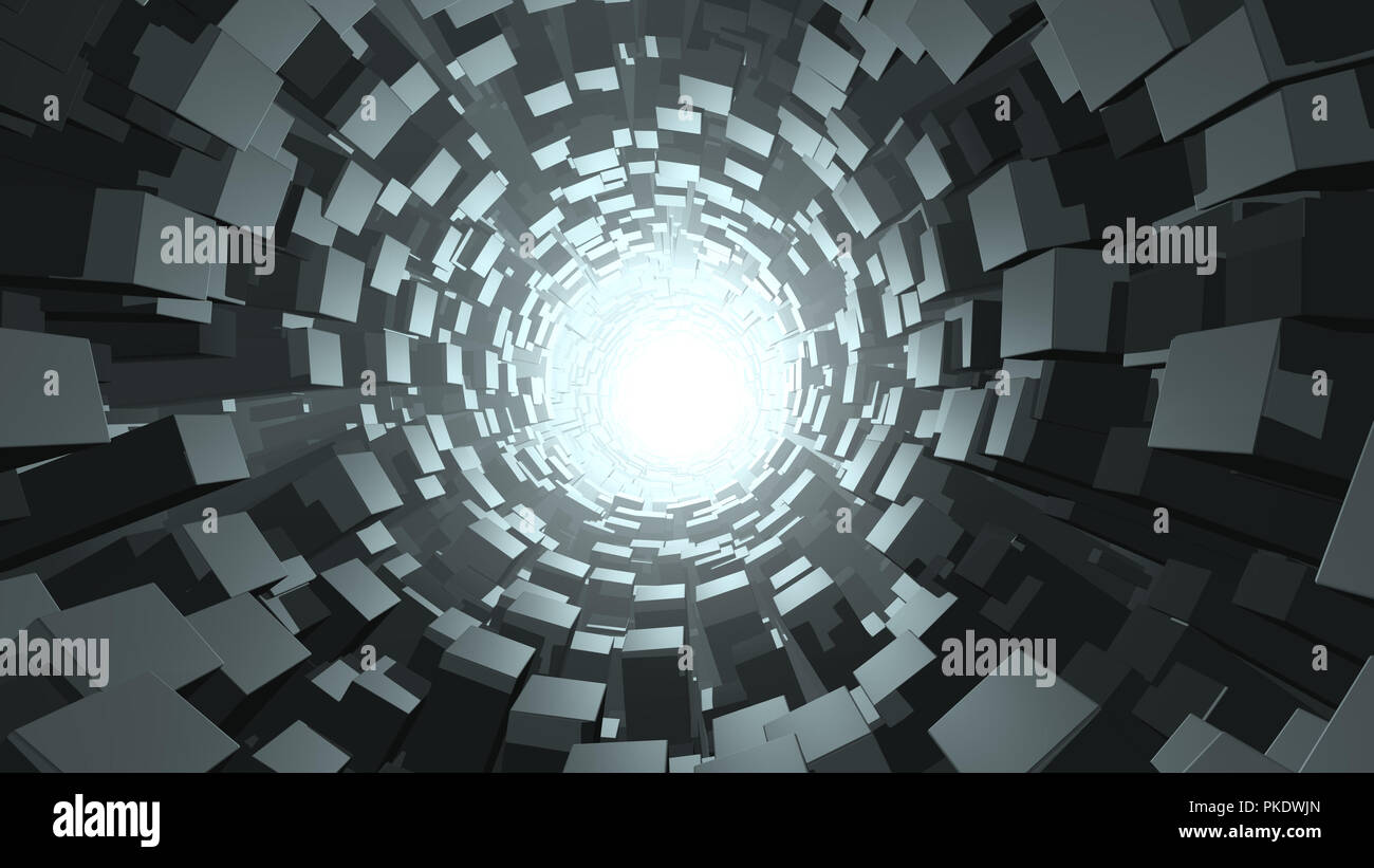 Circular abstract wormhole with cubes in diminished perspective Stock Photo
