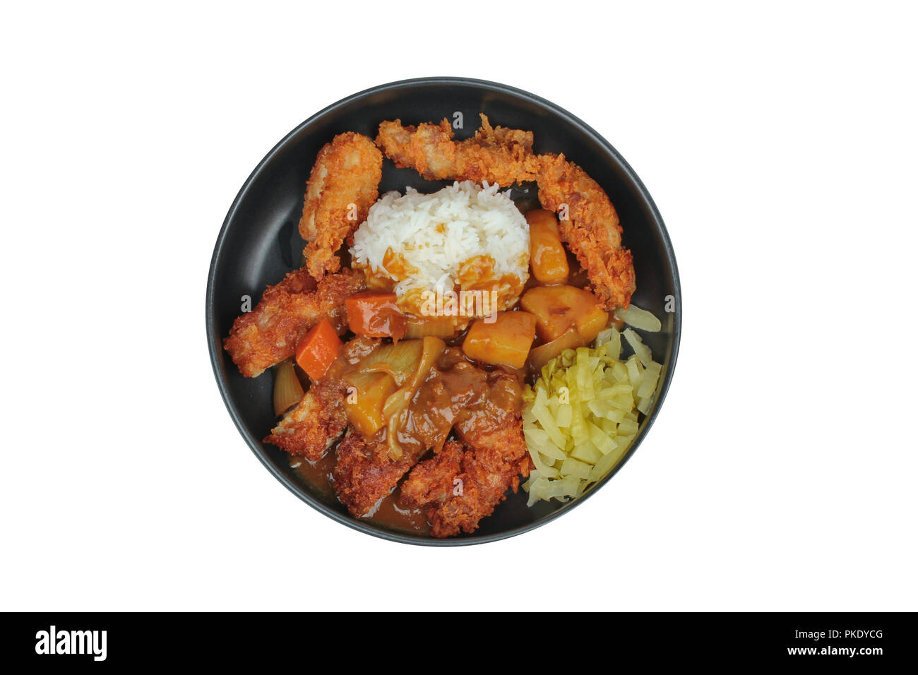 https://c8.alamy.com/comp/PKDYCG/isolated-of-rice-with-deep-fried-chickensliced-picklesl-topped-japanese-yellow-curry-PKDYCG.jpg