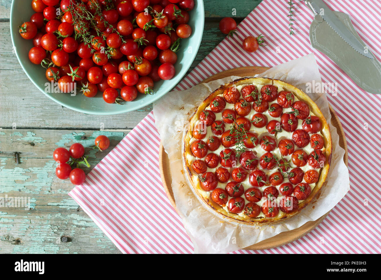 Tart Pie Or Cheesecake With Cottage Cheese And Tomatoes And Fresh