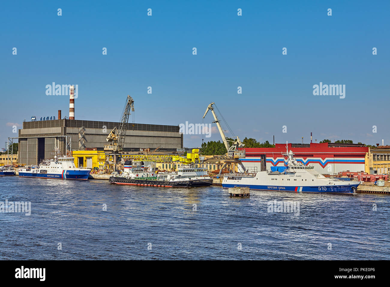 St. Petersburg, Russia - July 19, 2018: Shipyards of an industrial enterprise shipbuilding company Almaz on the banks of the Neva River. Stock Photo