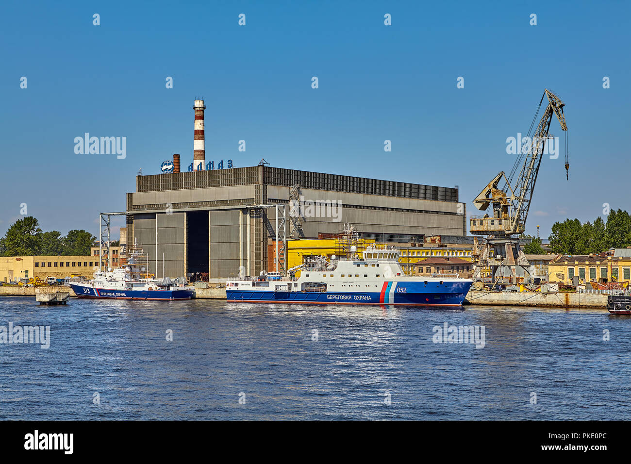 St. Petersburg, Russia - July 19, 2018: Shipbuilding Company Almaz  is located in Petrovsky island in direct vicinity of the Gulf of Finland. Stock Photo