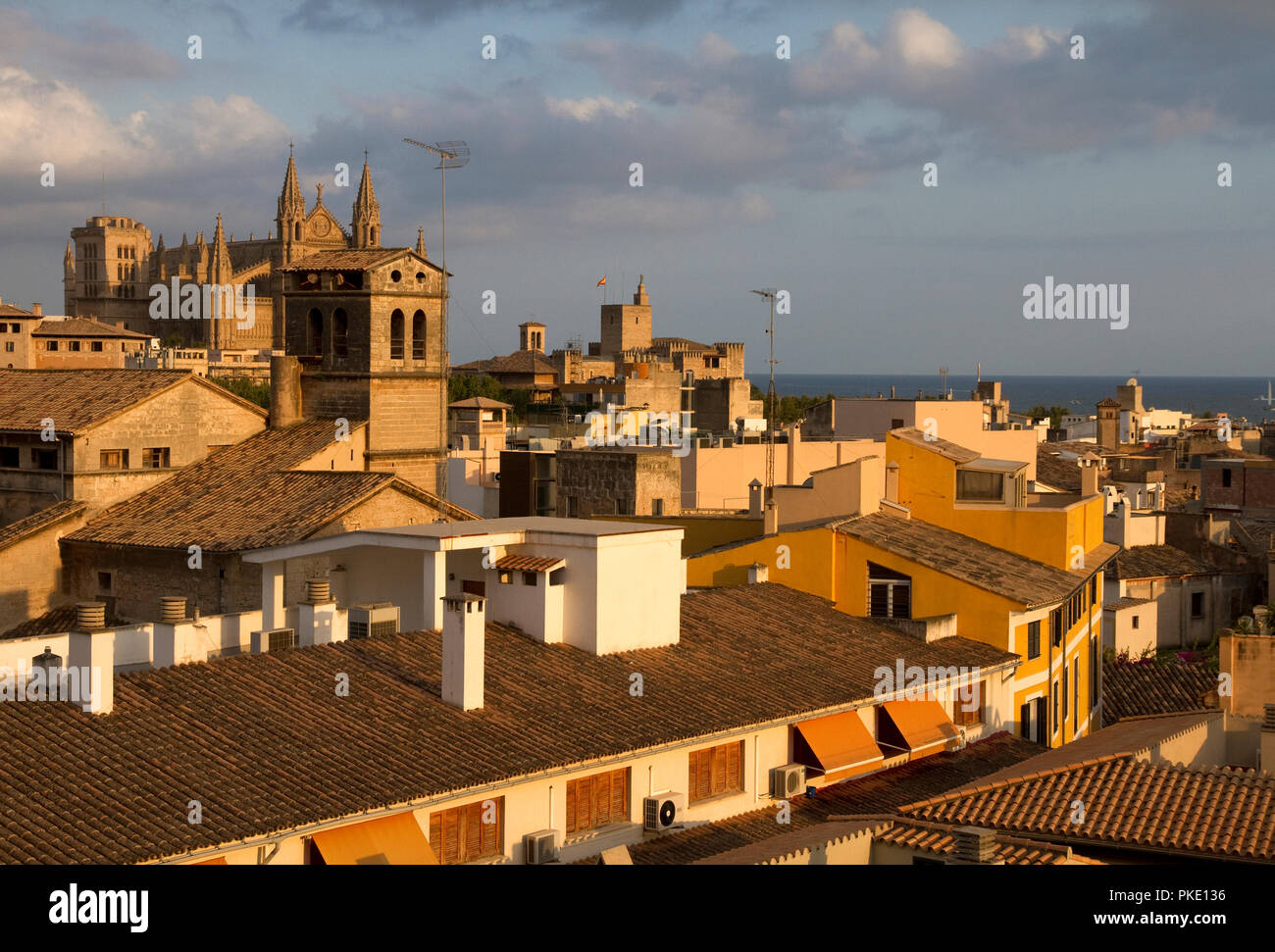 Palma, Majorca. City rooftops and cathedral in evening light. Stock Photo