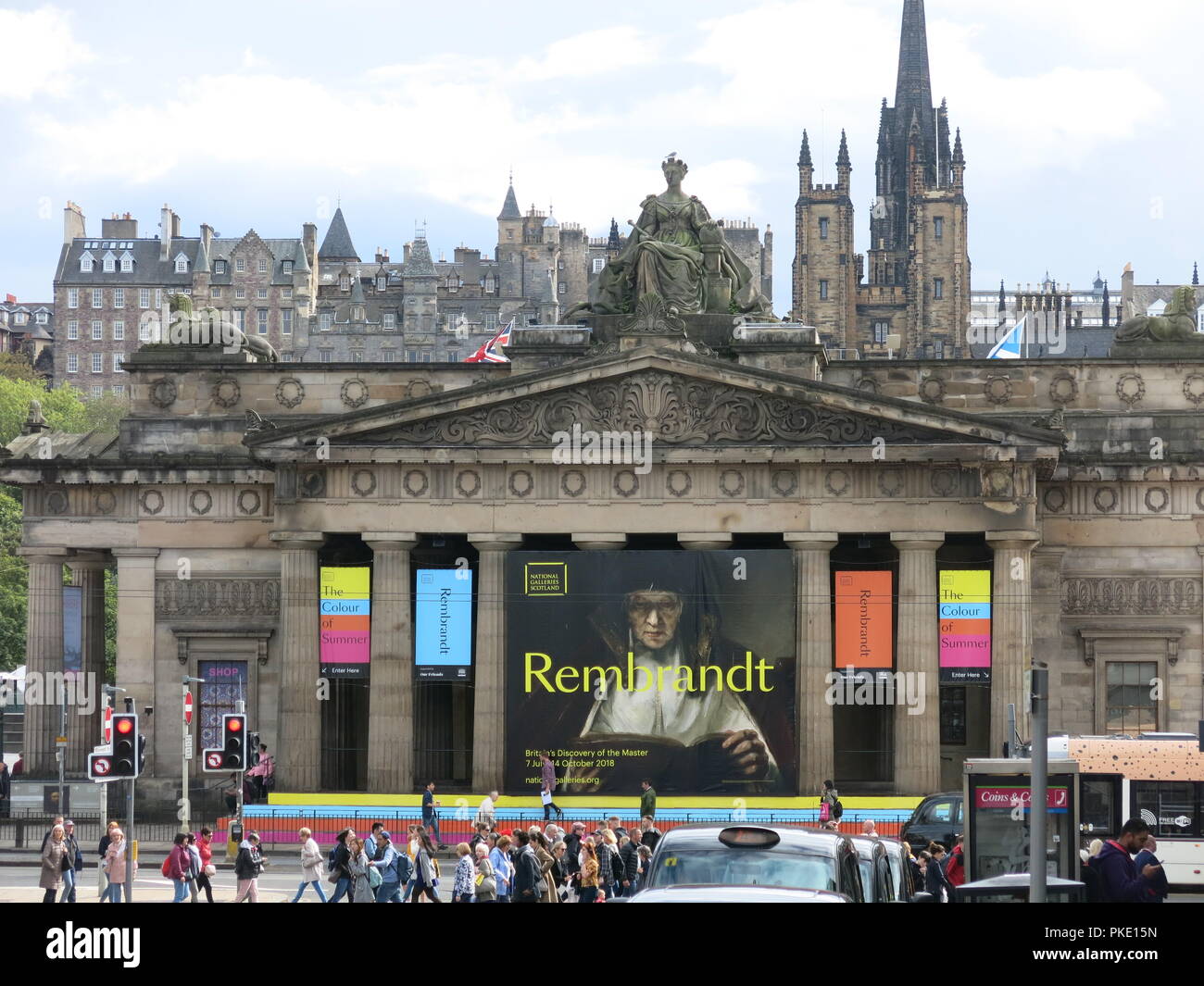 A view looking down Hanover Street towards the Royal Scottish Academy building with its advertising poster for the Rembrandt exhibition; Edinburgh. Stock Photo